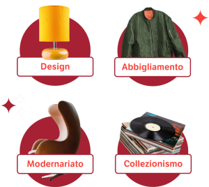 lampada di design, abbigliamento vintage, modernariato e vinili da collezione