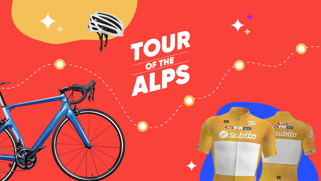 Tour of the alps scritto su sfondo rosso con maglia ocra, bici e casco