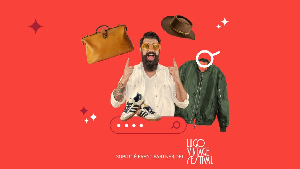 Uomo con barca e occhiali presenta alcuni capi di abbigliamento in occasione del Lugo Vintage Festival