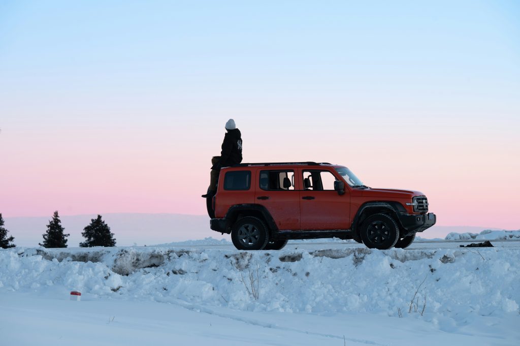 persona suduta sul tetto dell'auto nella neve